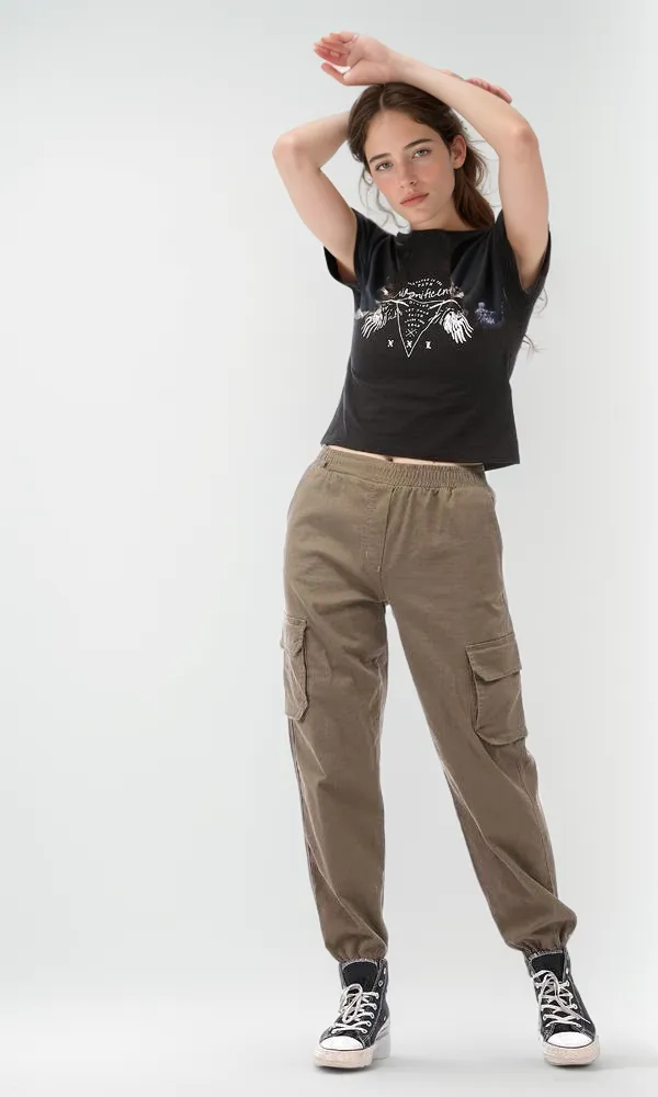 94943 Printed Round Collar Slip On T-Shirt - Black
