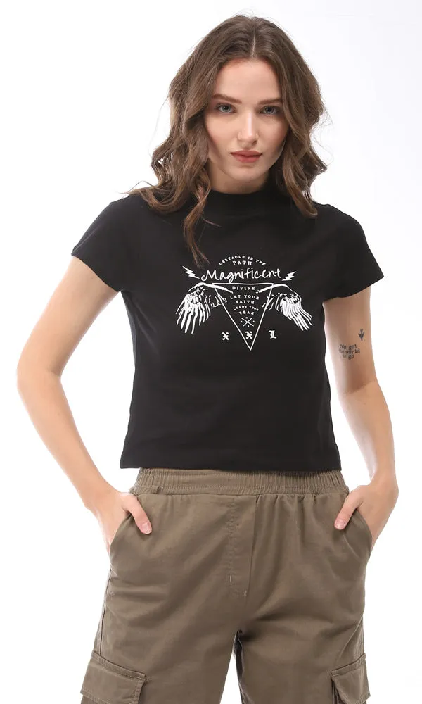 94943 Printed Round Collar Slip On T-Shirt - Black