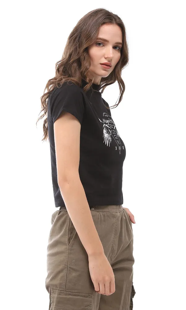 94943 Printed Round Collar Slip On T-Shirt - Black