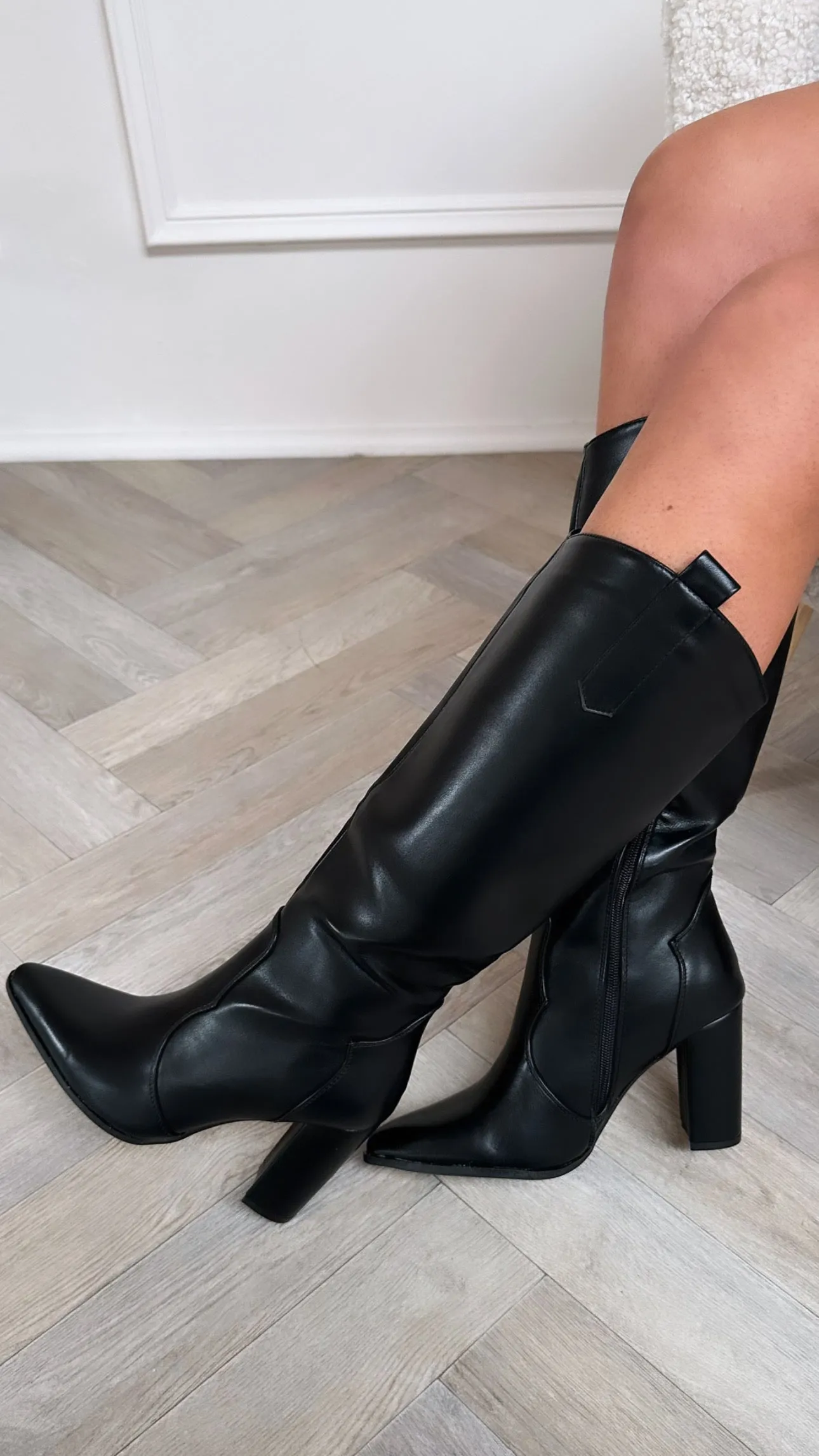 Alessia Black Block Heel Long Leather Look Boots