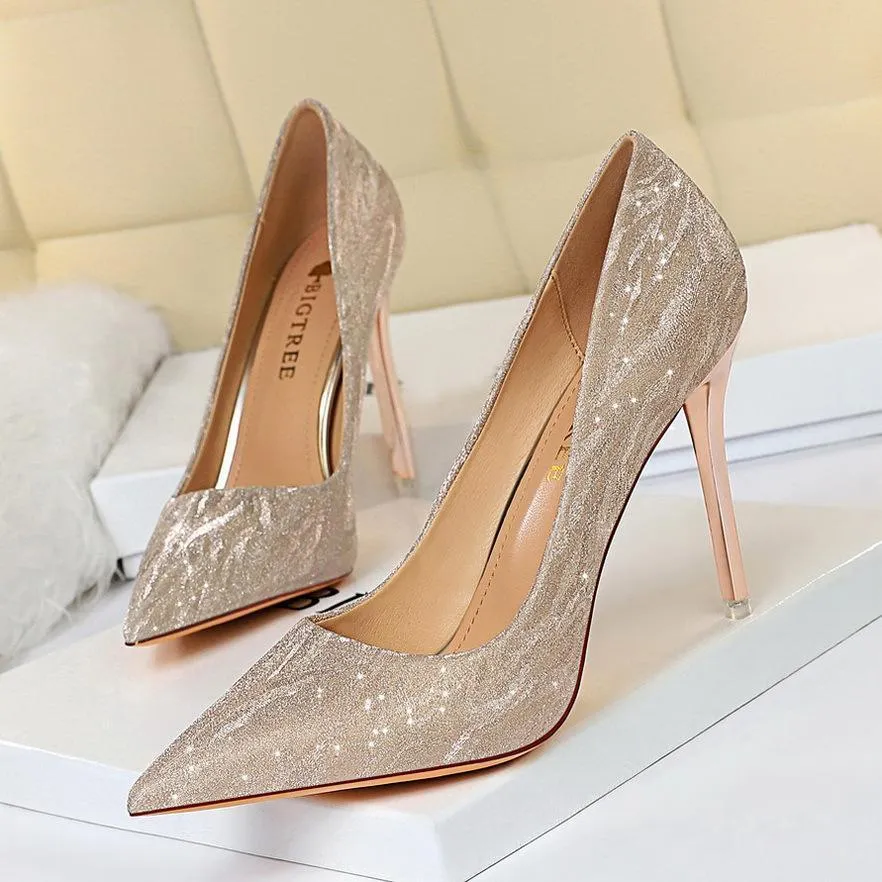 Chicvane Sequined Pointed Toe Stiletto Heel Fashion Style Bridal Shoes