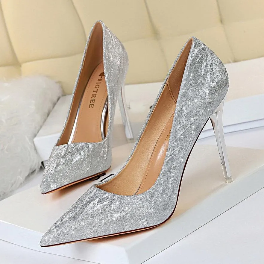 Chicvane Sequined Pointed Toe Stiletto Heel Fashion Style Bridal Shoes