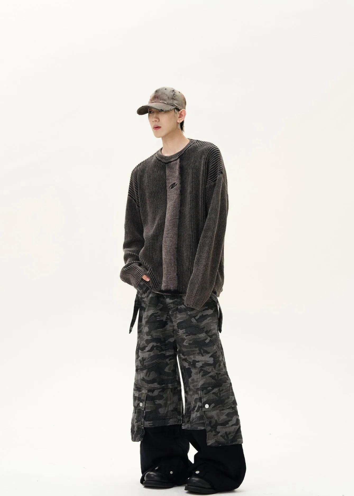 Distressed Hem Oversized Drop Shoulder Knit Sweater