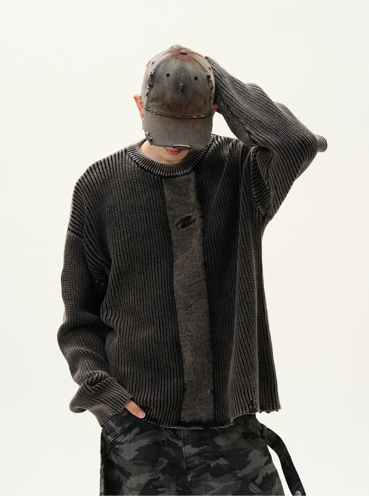 Distressed Hem Oversized Drop Shoulder Knit Sweater