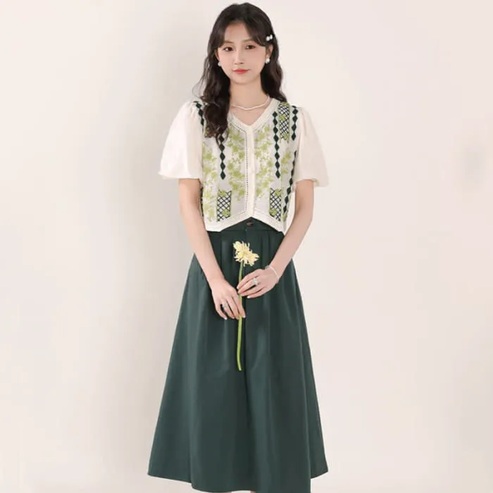 Green Graphic Embroidery Puff Sleeve T-Shirt High Waist Skirt