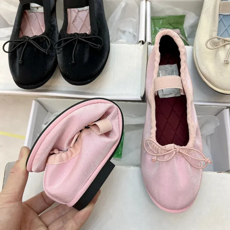 Sohiwoo Korea Flats Spring/Autumn Flats Women Shoes Fashion Mary Jane Shoes Round Toe Women's Shoes Bow Silk Satin Ballet Flats